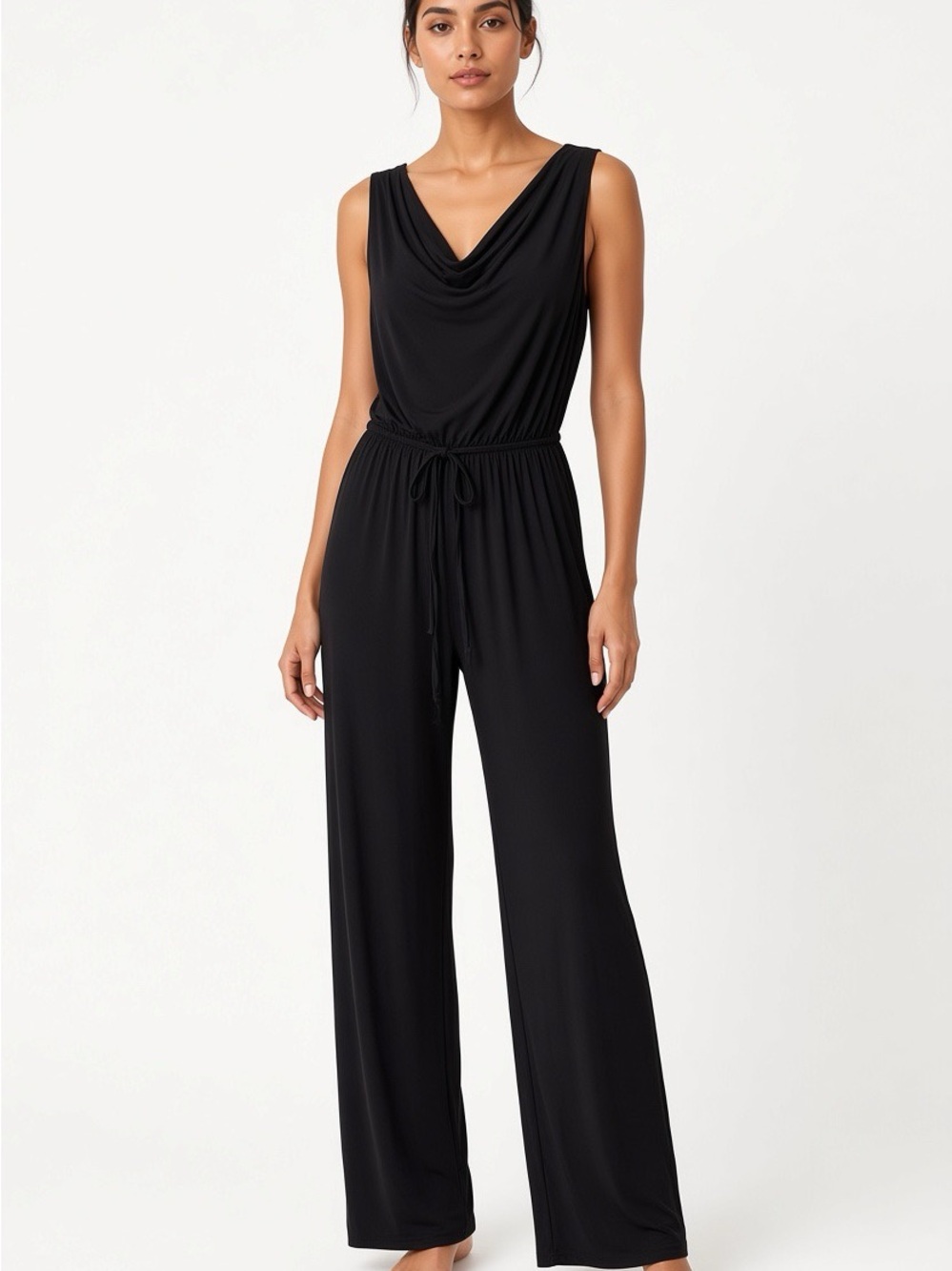 MARINA Black Sleeveless Cowl-Neck Wide-Leg Jumpsuit